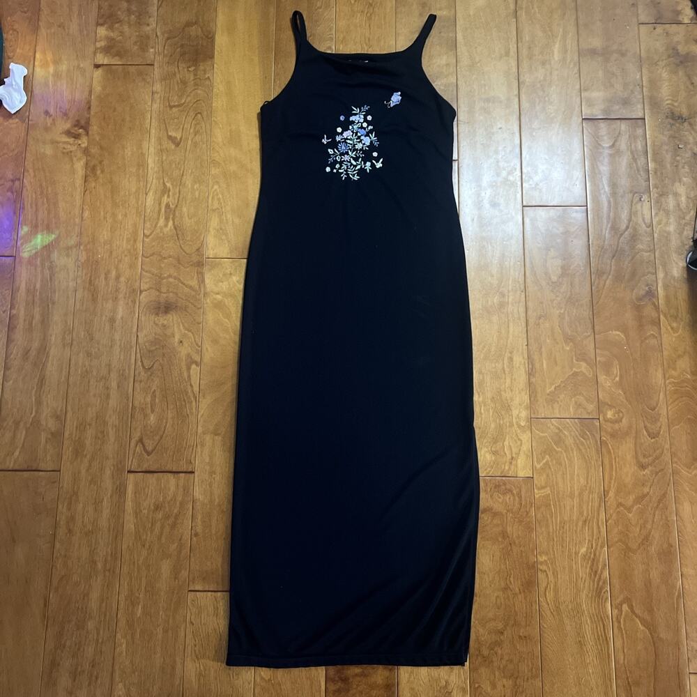 Vintage Y2K Voice Black Floral Maxi Dress Size M Whimsigoth Fairycore Slip Dress - Picture 3 of 12